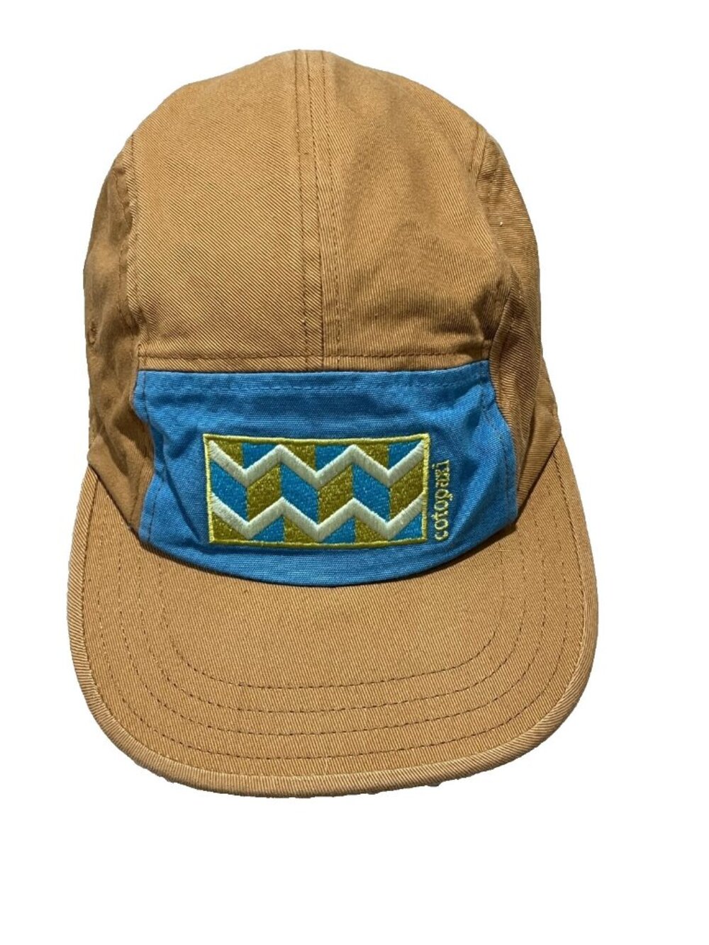 Cotopaxi 5 Panel Khaki Zig Zag Hat Cap Chevron Logo Buckle Strapback Tan Blue OS